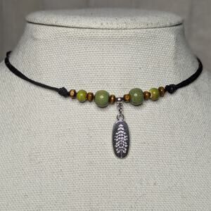 Pine Tree Charm Stainless Steel Ceramic Beaded Green Silver Boho Choker Necklace